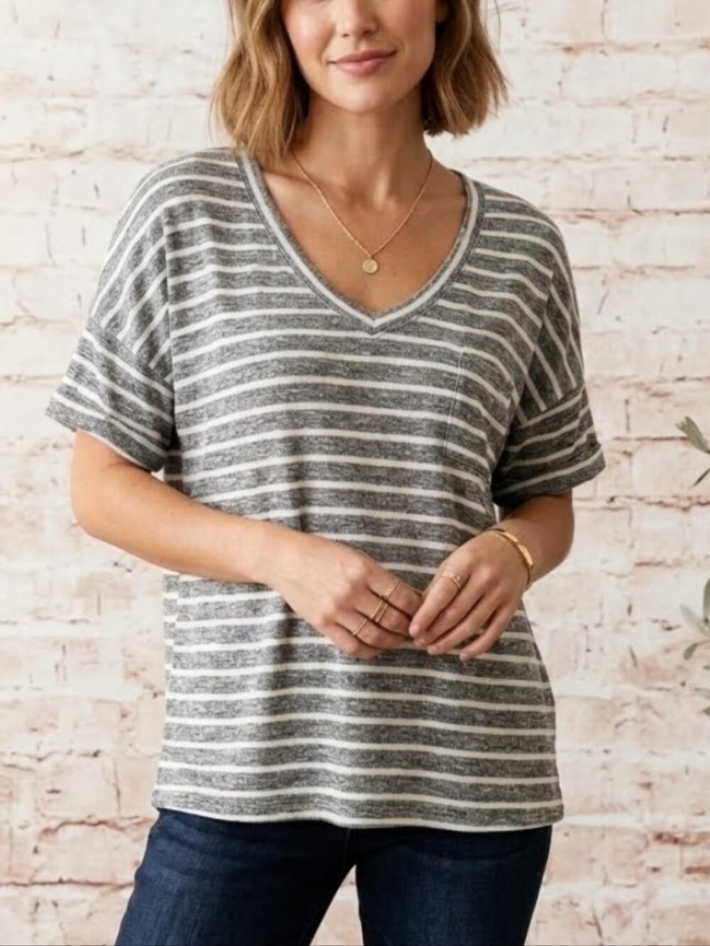 Sonoma Striped V-Neck Short Sleeve Top Heathered Gray & White